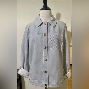 Chico’s Blue & white striped snap front jacket roll tab sleeves, sz 1 NEW W TAGS